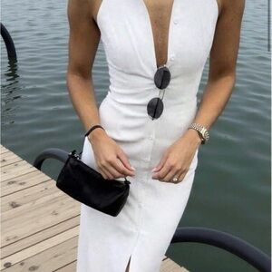 White V-Neck Slit Midi Dress - Elegant Women's Dress